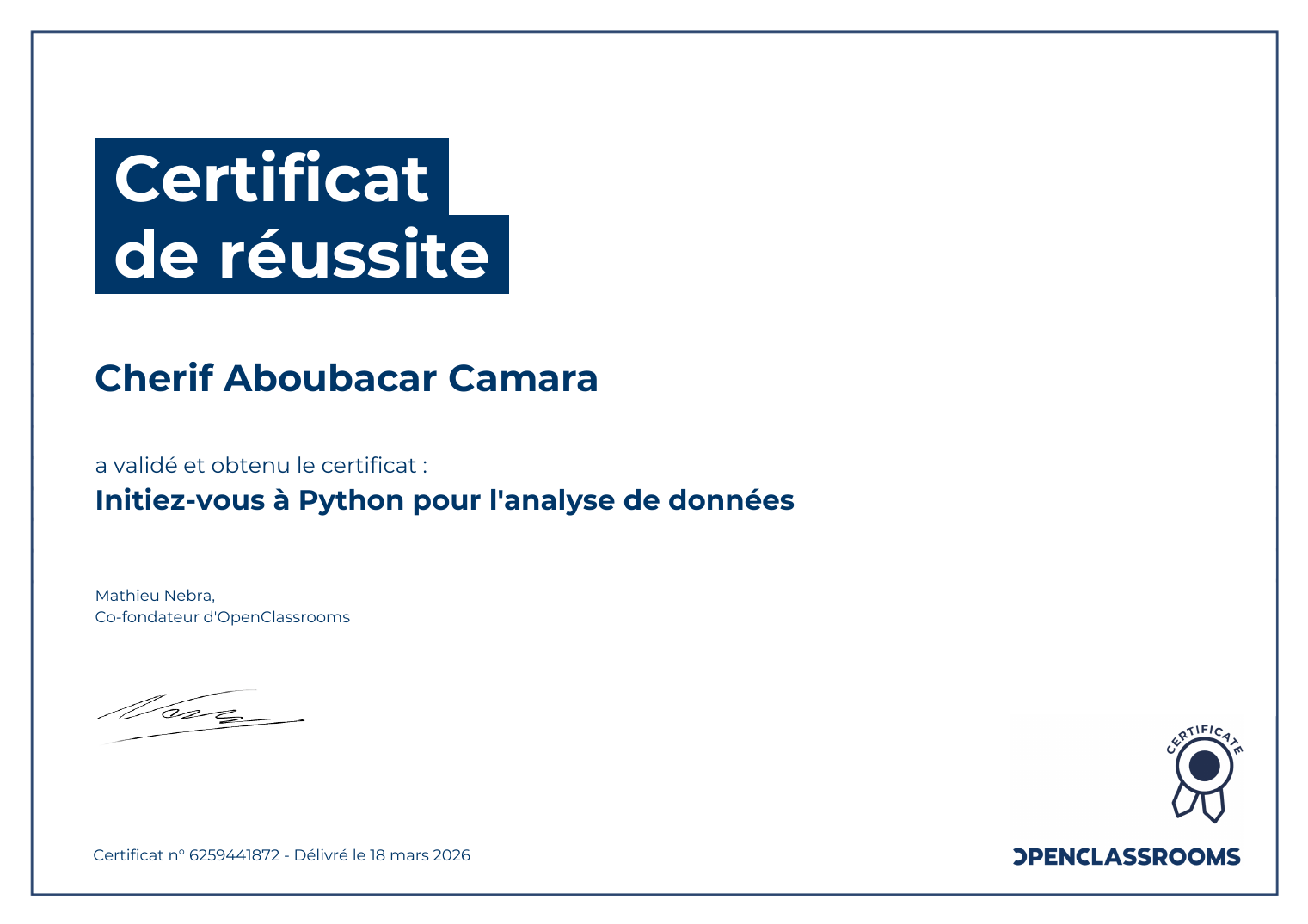 OpenClassrooms certificate — Python for data analysis