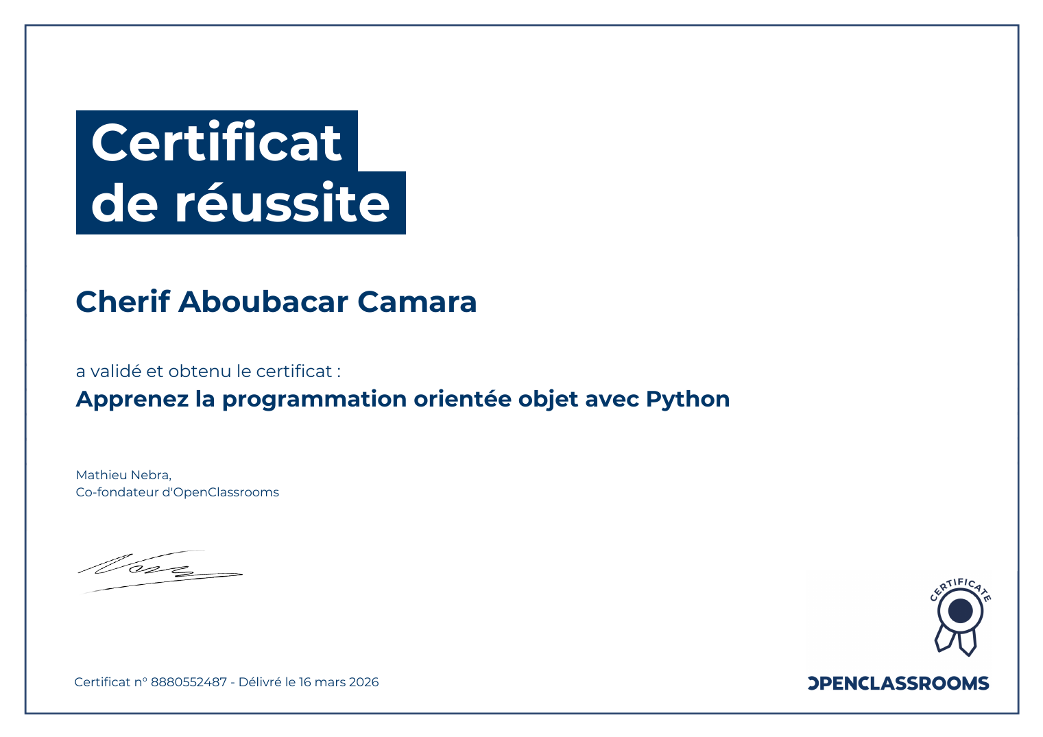 OpenClassrooms certificate — Object-oriented programming with Python