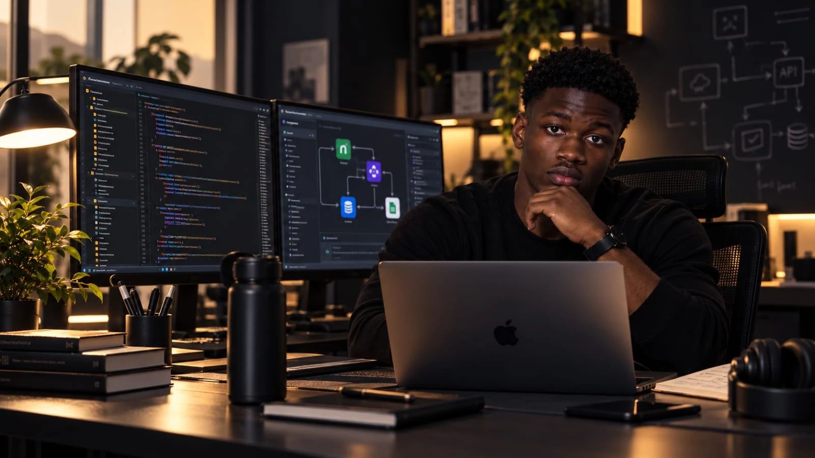 Abou Camara à son bureau, du code sur un écran et un scénario d’automatisation sur l’autre