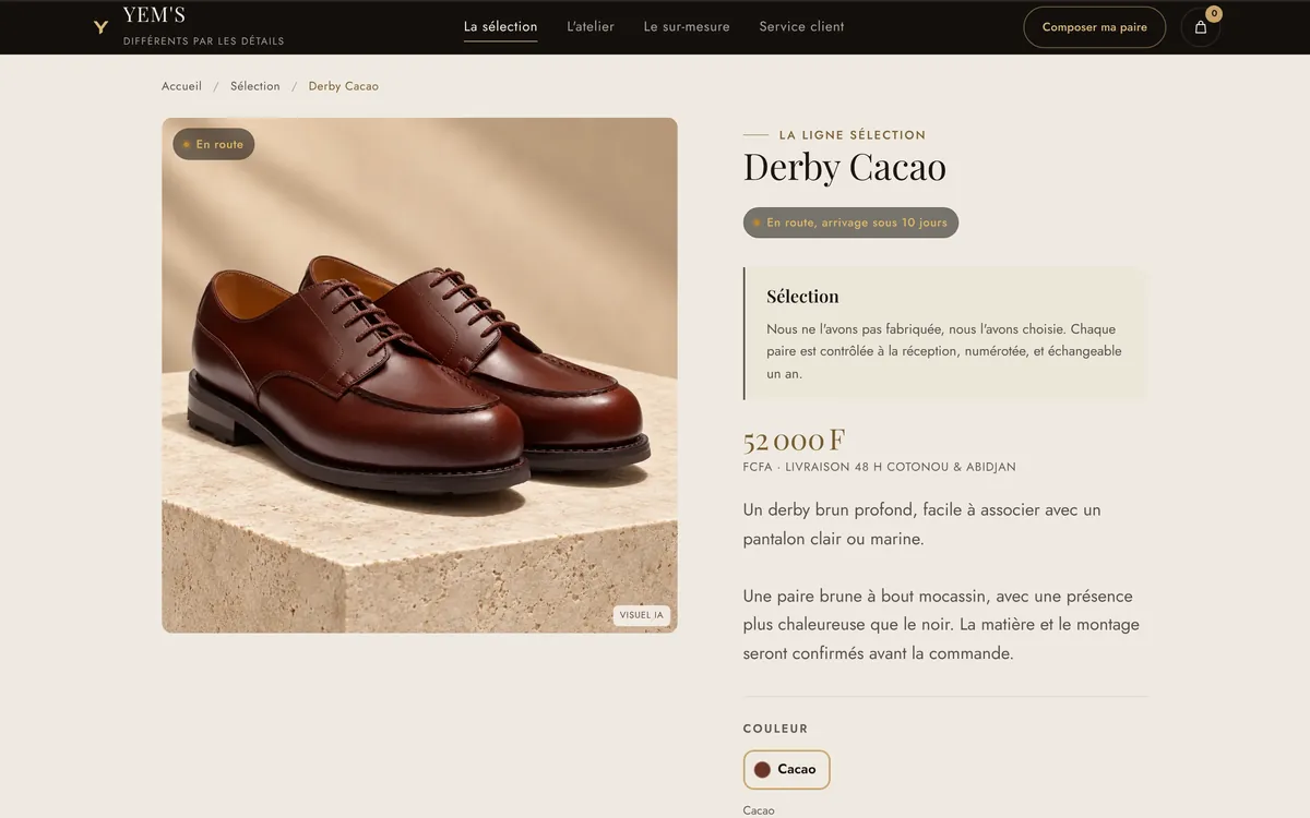 YEM'S product page for the Derby Cacao